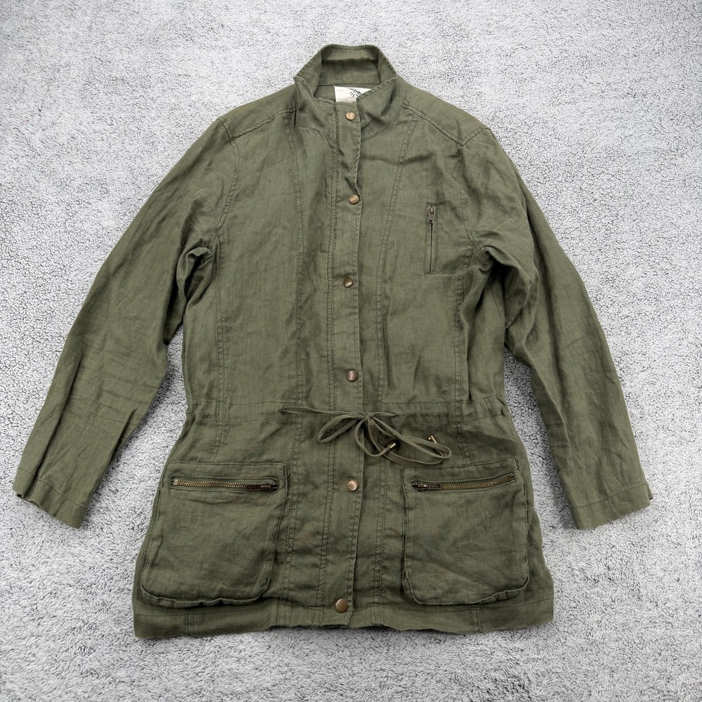 Artisan NY Jacket Womens Medium Green 100% Linen Utility Field Safari Drawstring